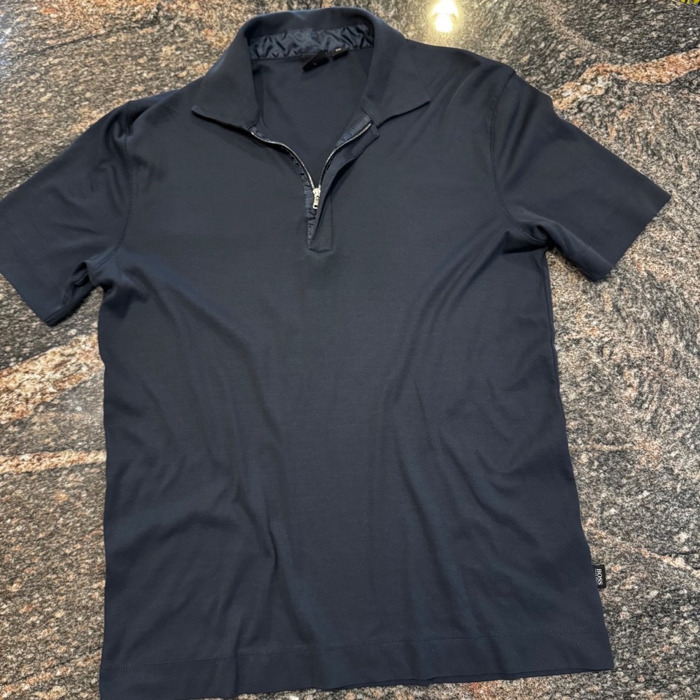 Hugo Boss Polo Shirt Mens Large Black  Quarter Zip Short Sleeve Athleisure